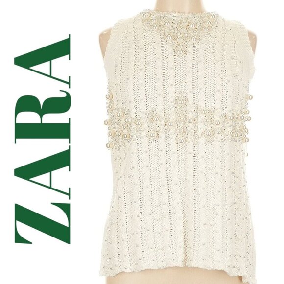 NWT ZARA WHITE ECRU CABLE KNIT FAUX PEARL SLEEVELESS SWEATER, LARGE - Picture 2 of 16